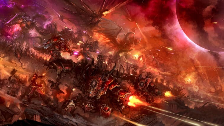 Dans Warhammer 40K, les armées du Chaos constituent la principale faction antagoniste. Leur apparence et leur gameplay reflètent cette corruption.