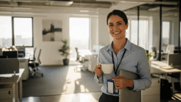 Employé souriant dans un bureau presque vide, tasse de café et badge en main, symbolisant le phénomène du coffee badging et la flexibilité du travail hybride.