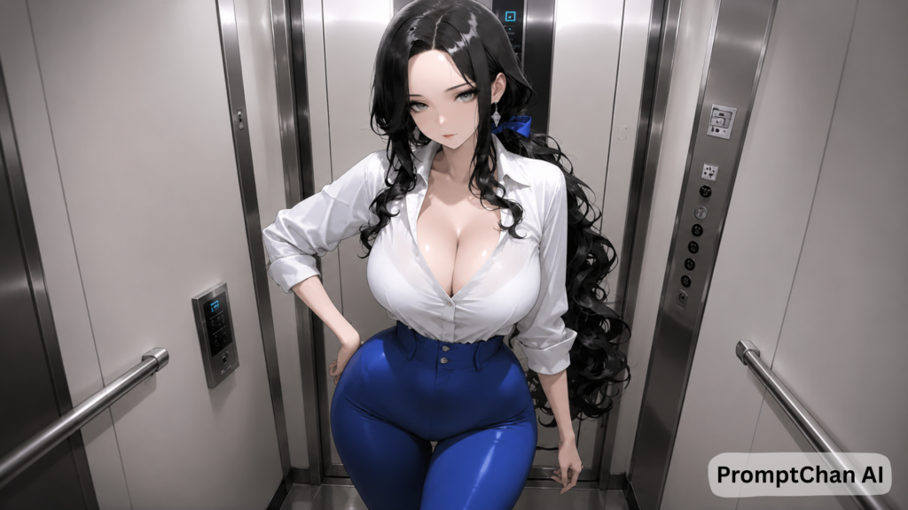 Avatar de petite amie virtuelle anime posant dans un ascenseur avec une tenue élégante bleu et blanc