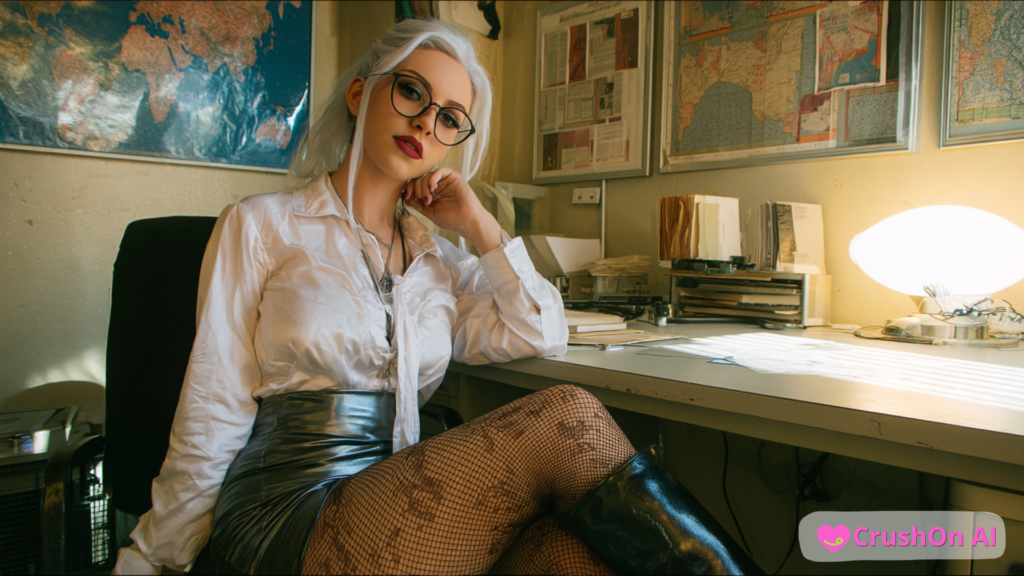 Avatar de petite amie virtuelle aux cheveux blancs dans un bureau avec une tenue chic et des lunettes