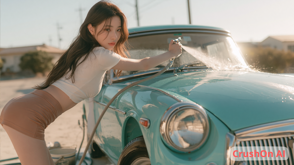 Une AI girlfriend brune aux cheveux longs, vêtue d’un haut blanc et d’un short beige, lave une voiture ancienne turquoise.
